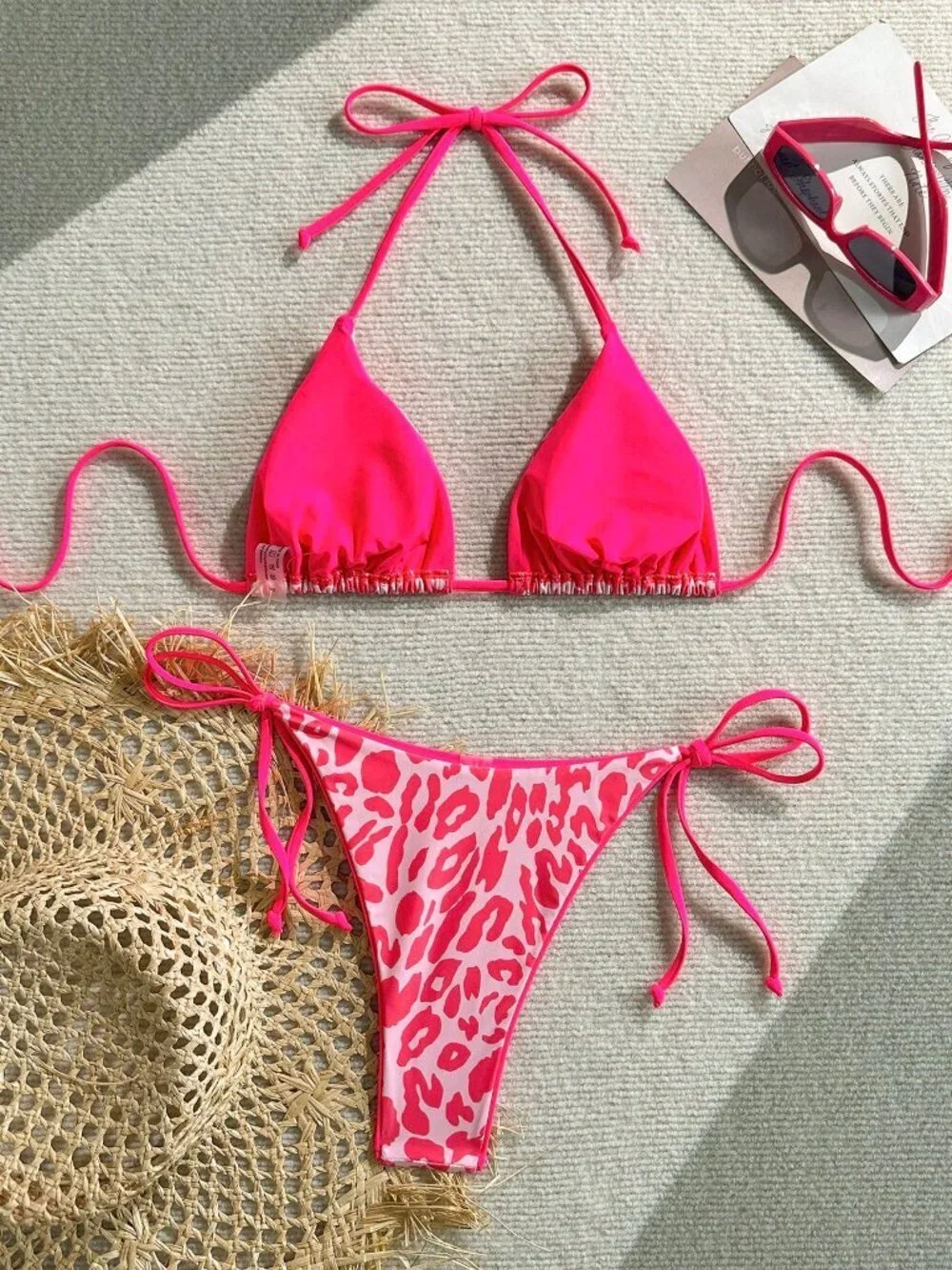 Watermelon pink Leopard Print Spaghetti Strap Tie Women's Beach Bikini Set